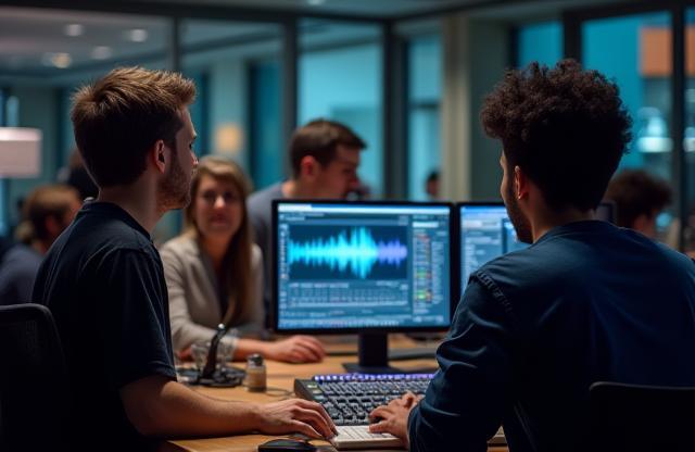 People working on audio production at AudioWave Academy